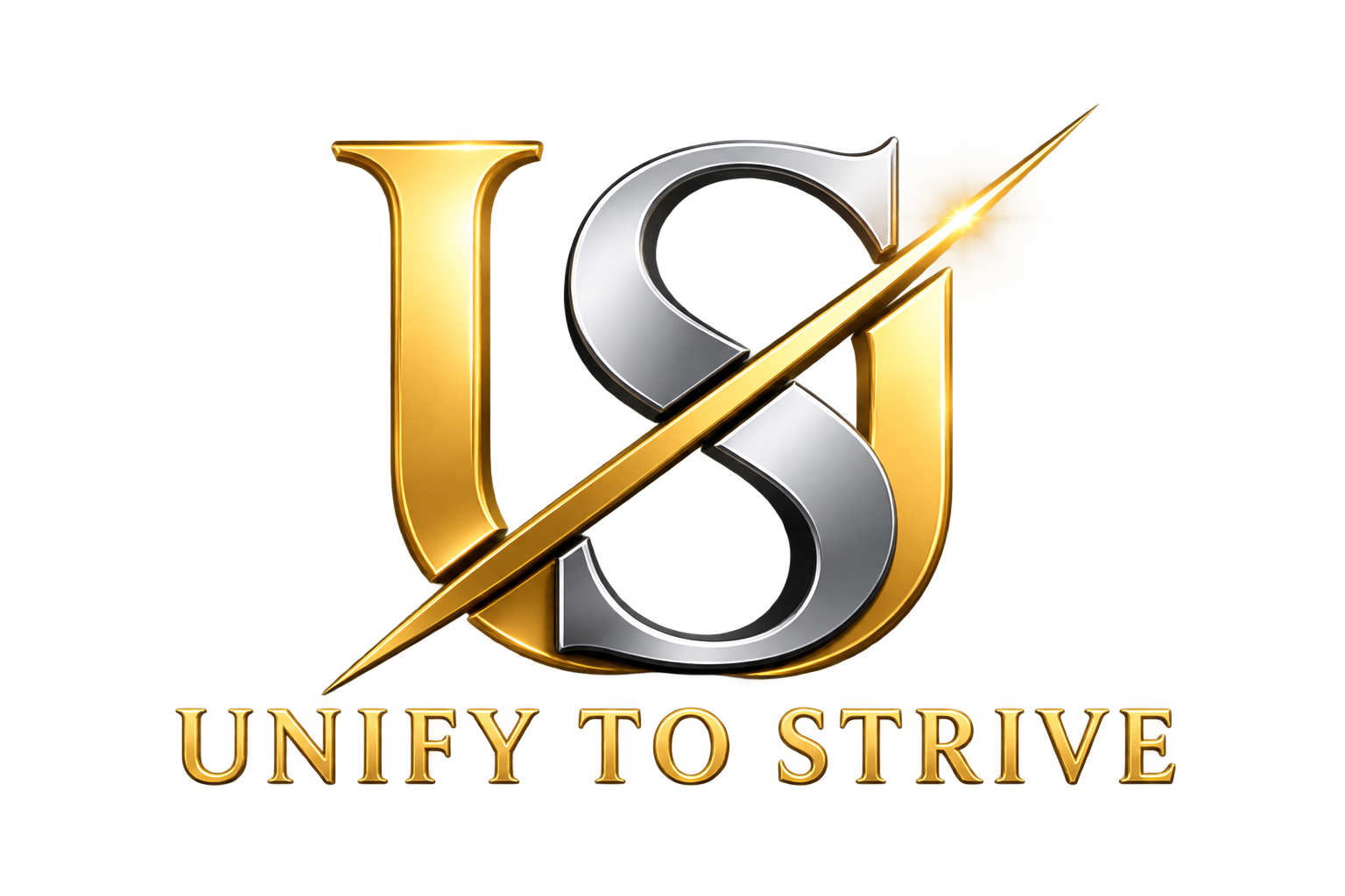 Unify to Strive — gold U and silver S logo with a diagonal gold slash